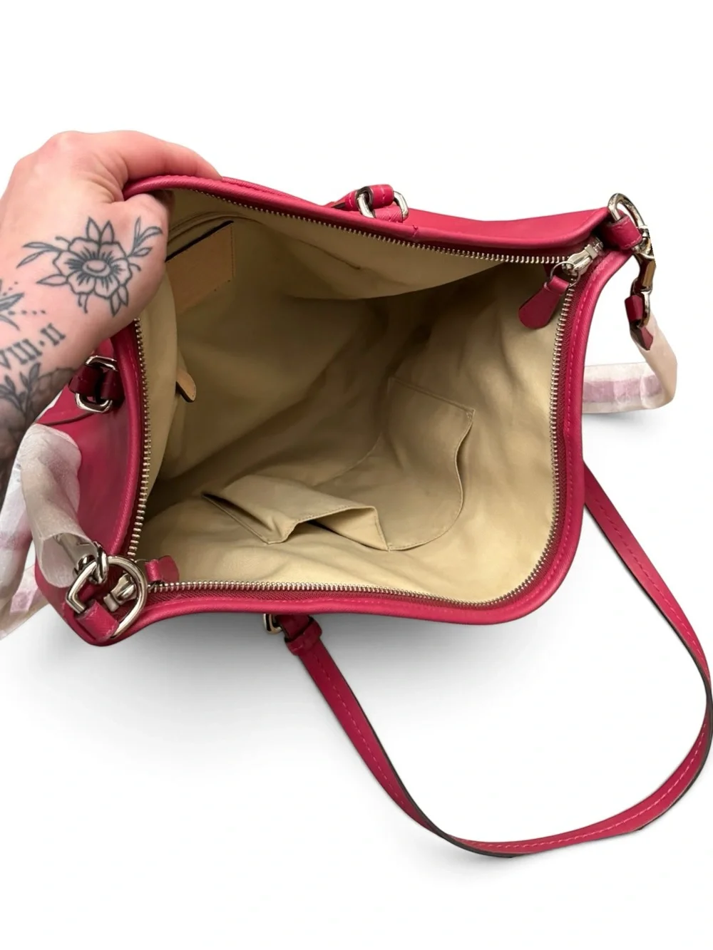 Coach Peyton Magenta Pink Leather Large Pocket Tote W/ Crossbody Strap